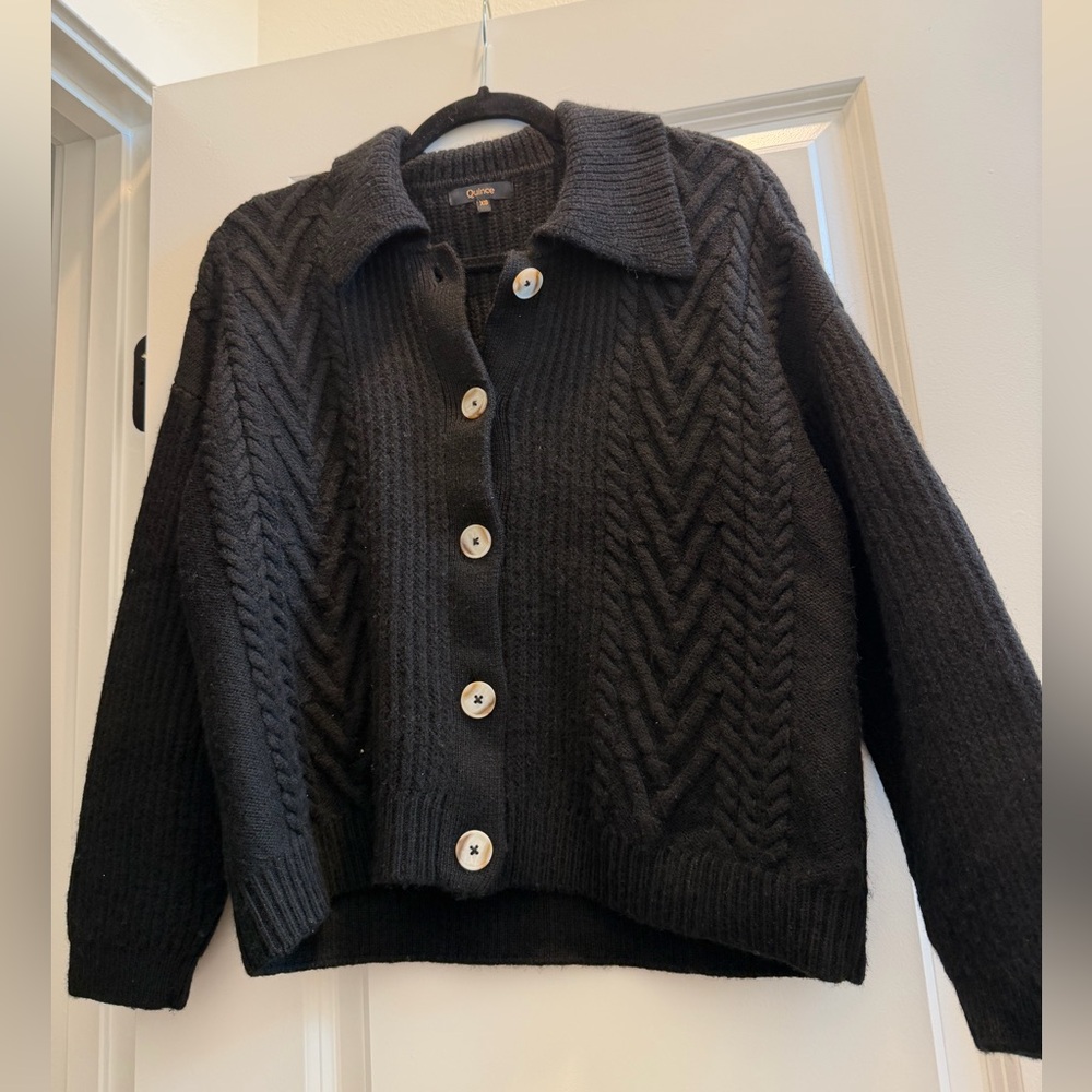Quince Black Cable Knit Button-Up Cardigan